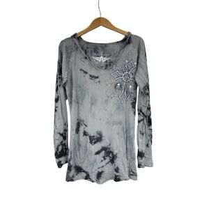 Affliction Gray Tie Dye Hooded Long Sleeve Graphic T Shirt Edgy Womens Large